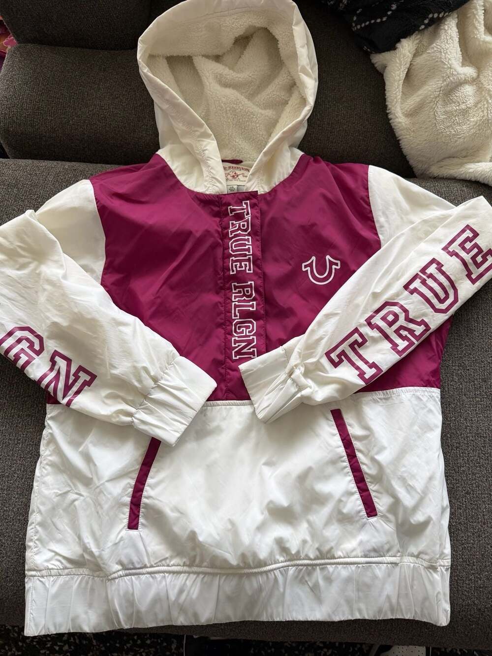 True Religion Women's Half-Zip Sherpa Lined Hooded Windbreaker Jacket